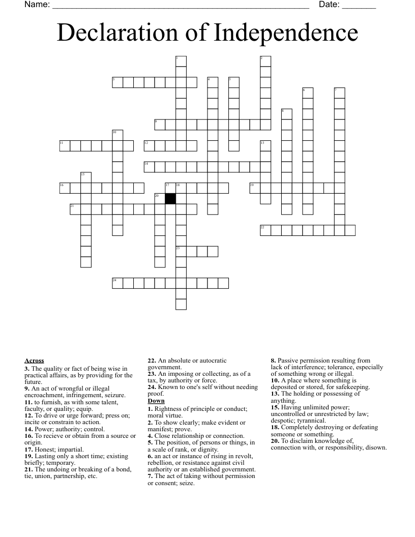 Declaration of Independence  Crossword