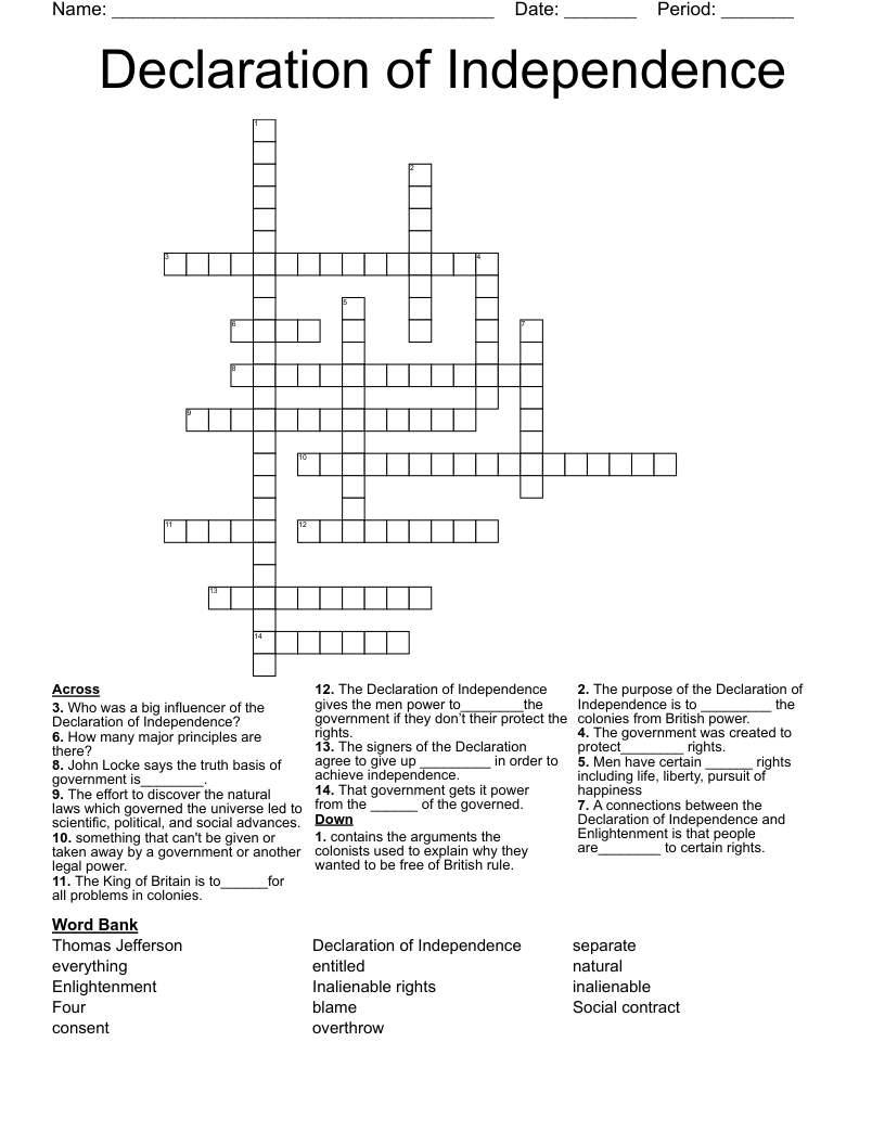 Declaration of Independence  Crossword