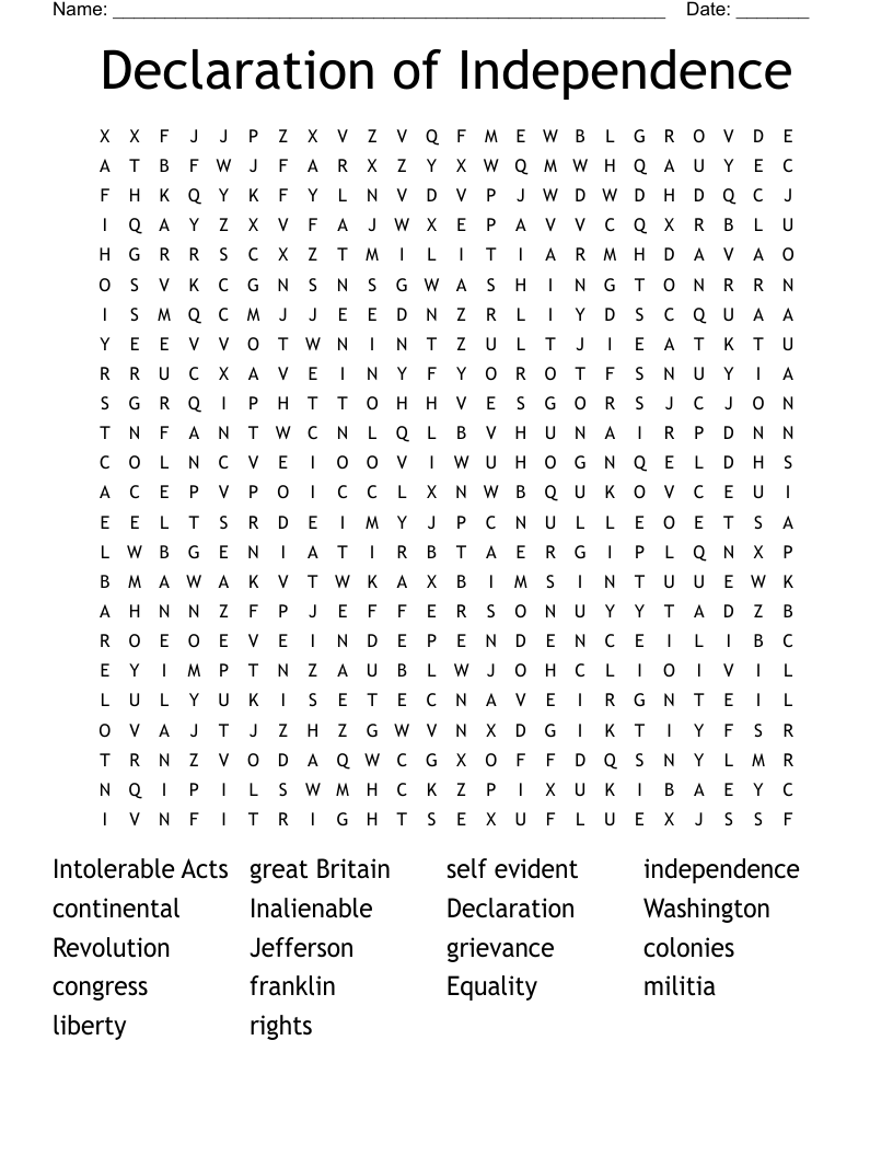 Declaration of Independence  Word Search