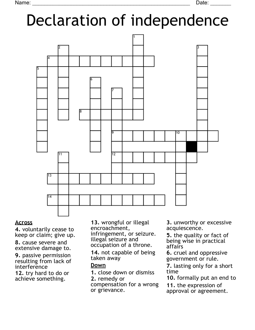 Declaration of independence Crossword