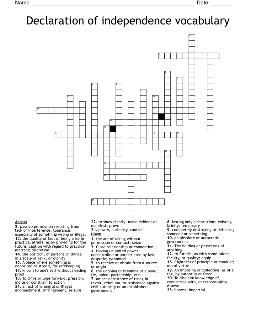 Declaration of independence vocabulary Crossword