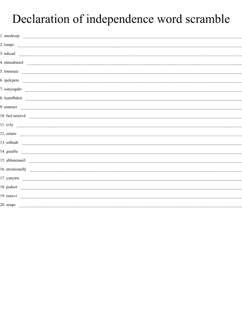Declaration of independence word scramble