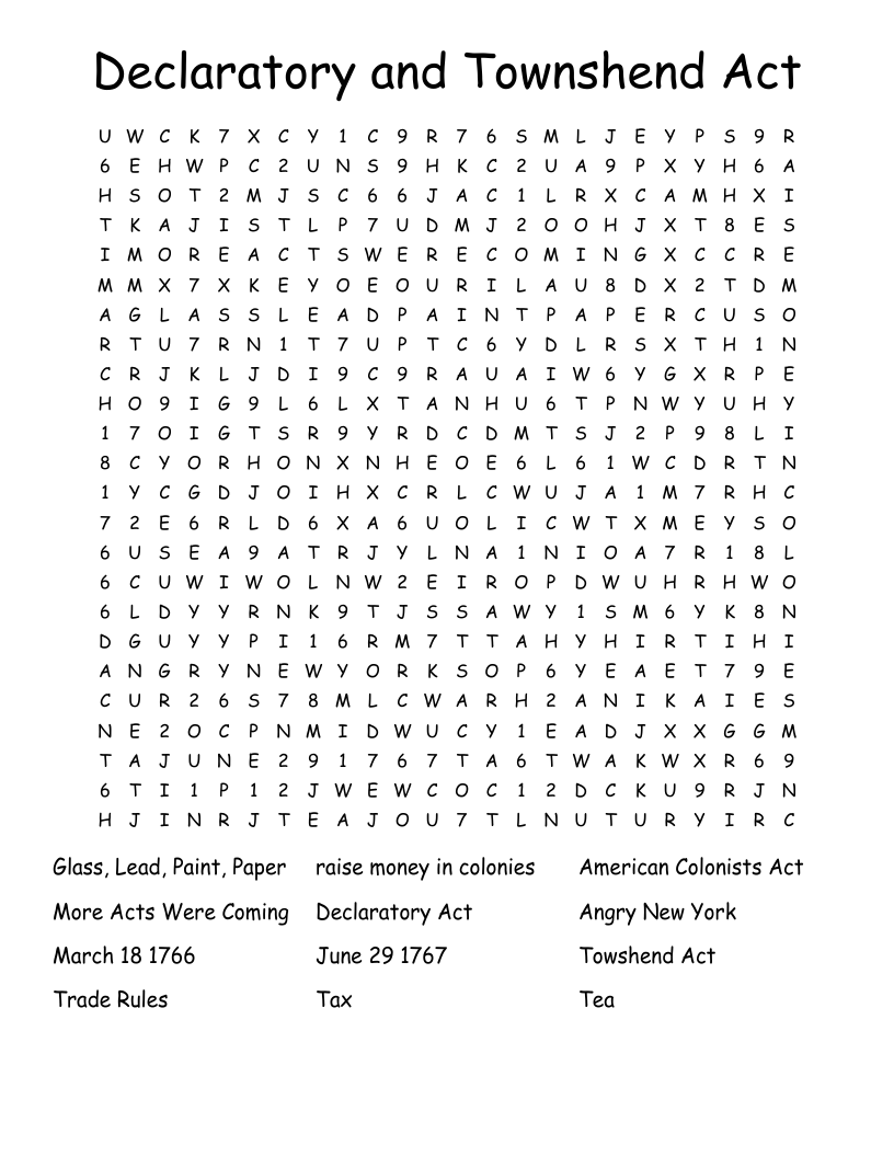 Declaratory and Townshend Act Word Search