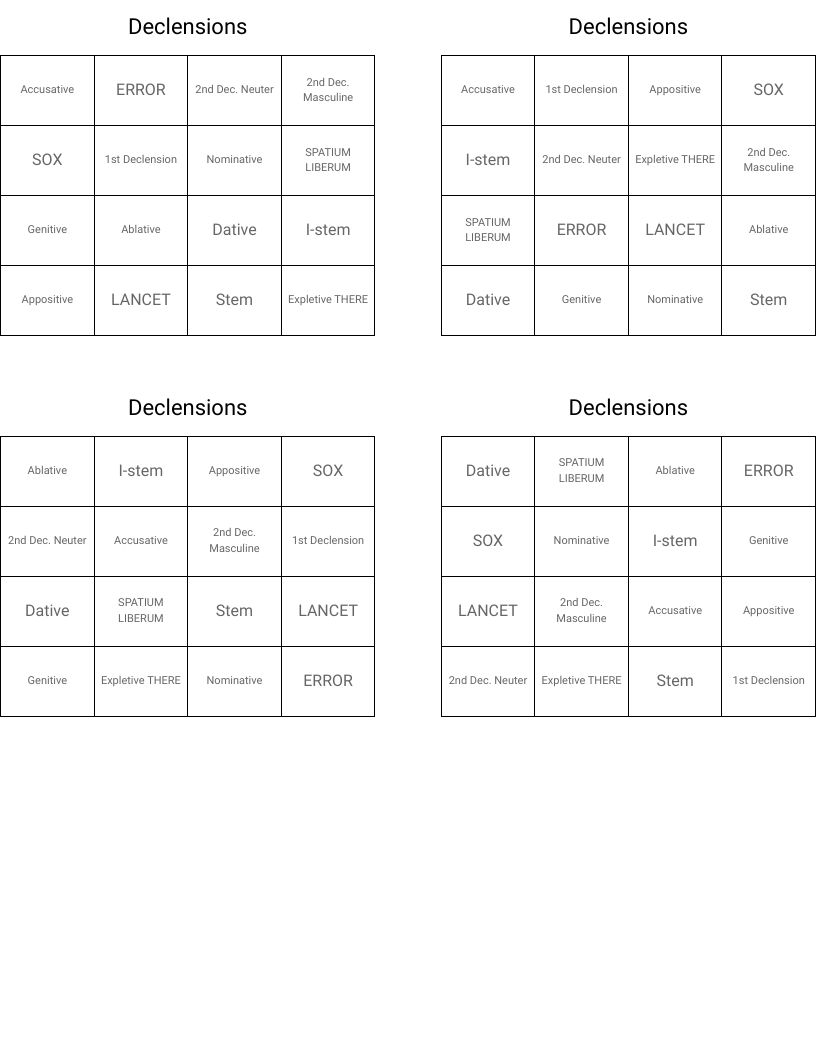 Declensions Bingo Cards