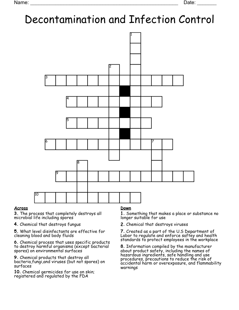 Decontamination and Infection Control Crossword