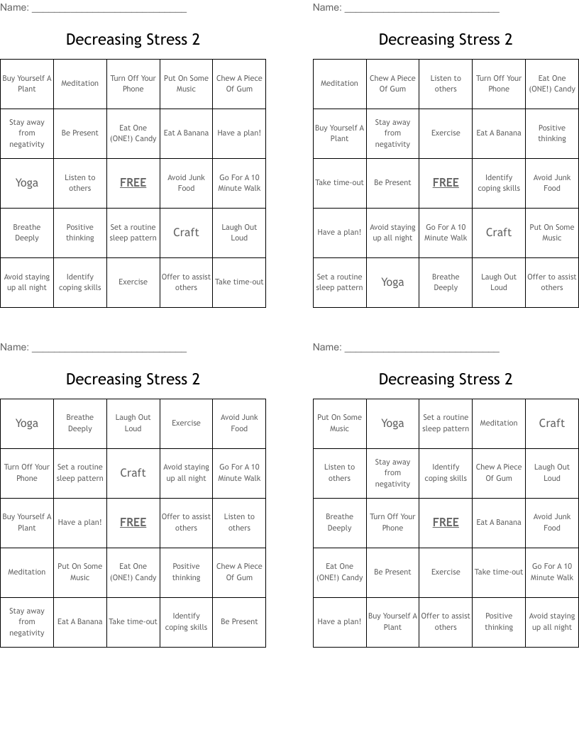 Decreasing Stress 2 Bingo Cards