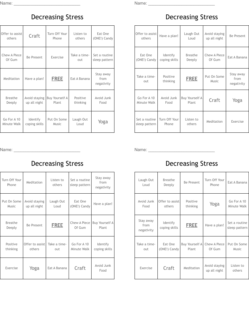 Decreasing Stress Bingo Cards
