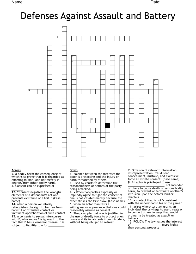 Defenses Against Assault and Battery Crossword