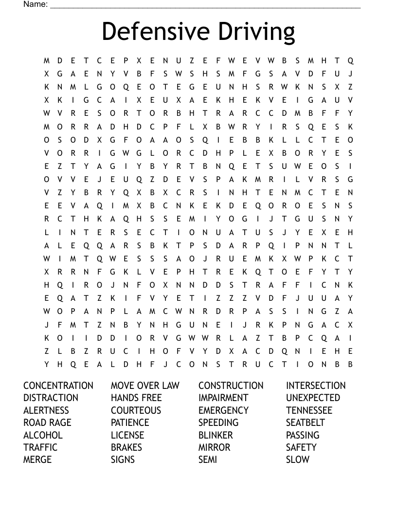 Defensive Driving Word Search
