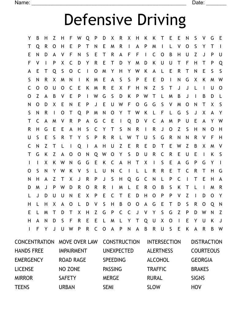 Defensive Driving Word Search