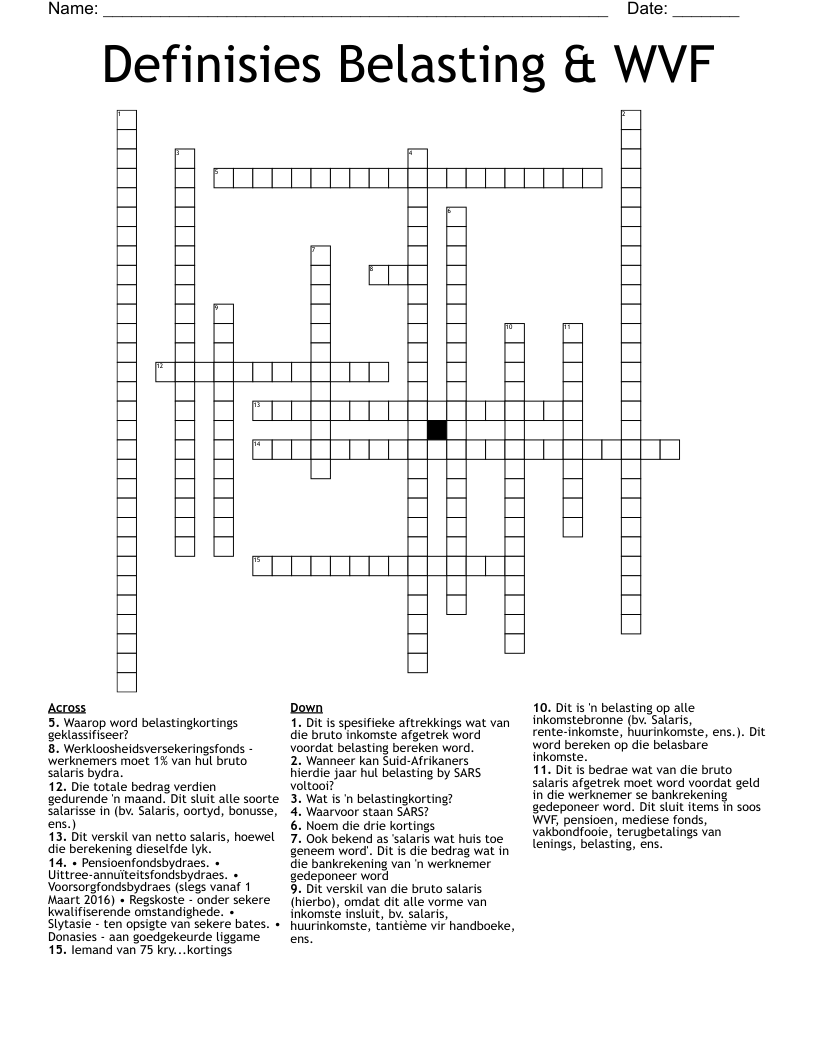 Definisies Belasting & WVF Crossword