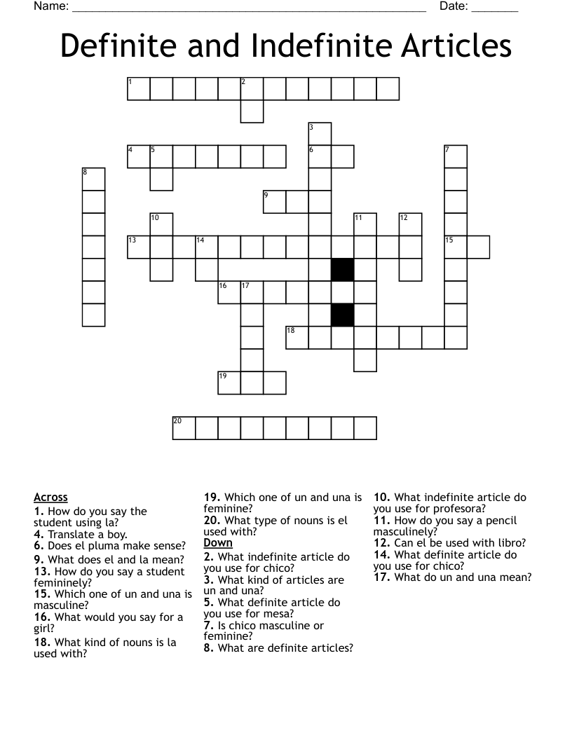 Definite and Indefinite Articles Crossword