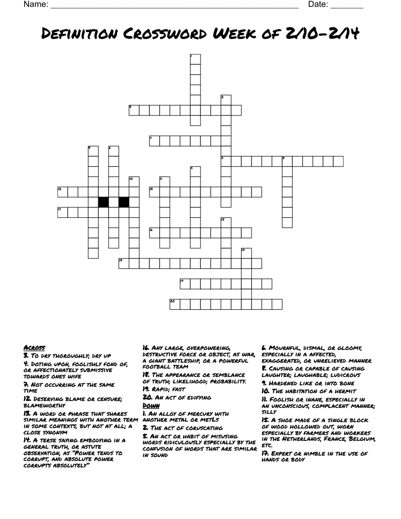 Definition Crossword Week of 2/10-2/14