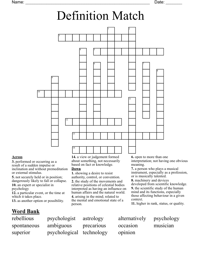 Definition Match Crossword