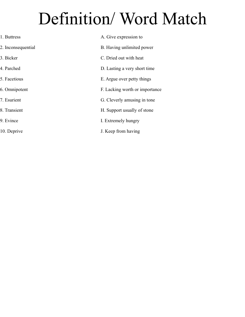 Definition/ Word Match  Worksheet