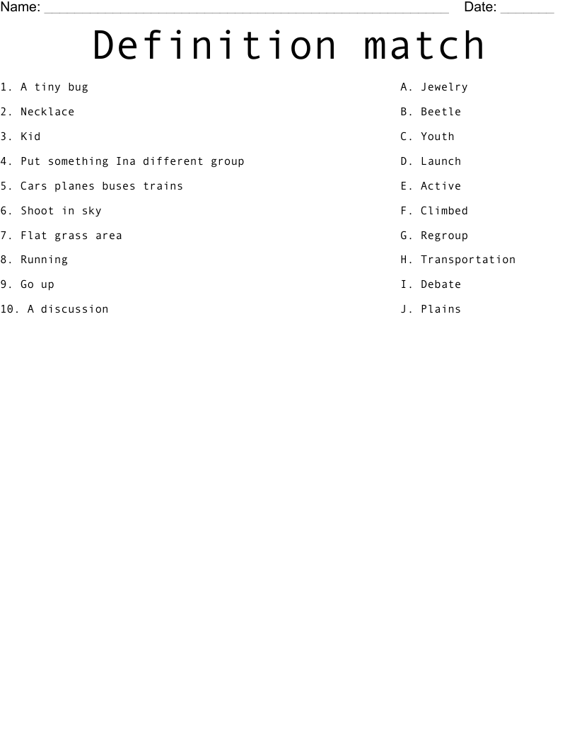 Definition match  Worksheet