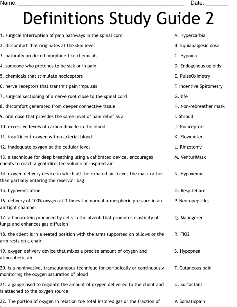 Definitions Study Guide 2 Worksheet