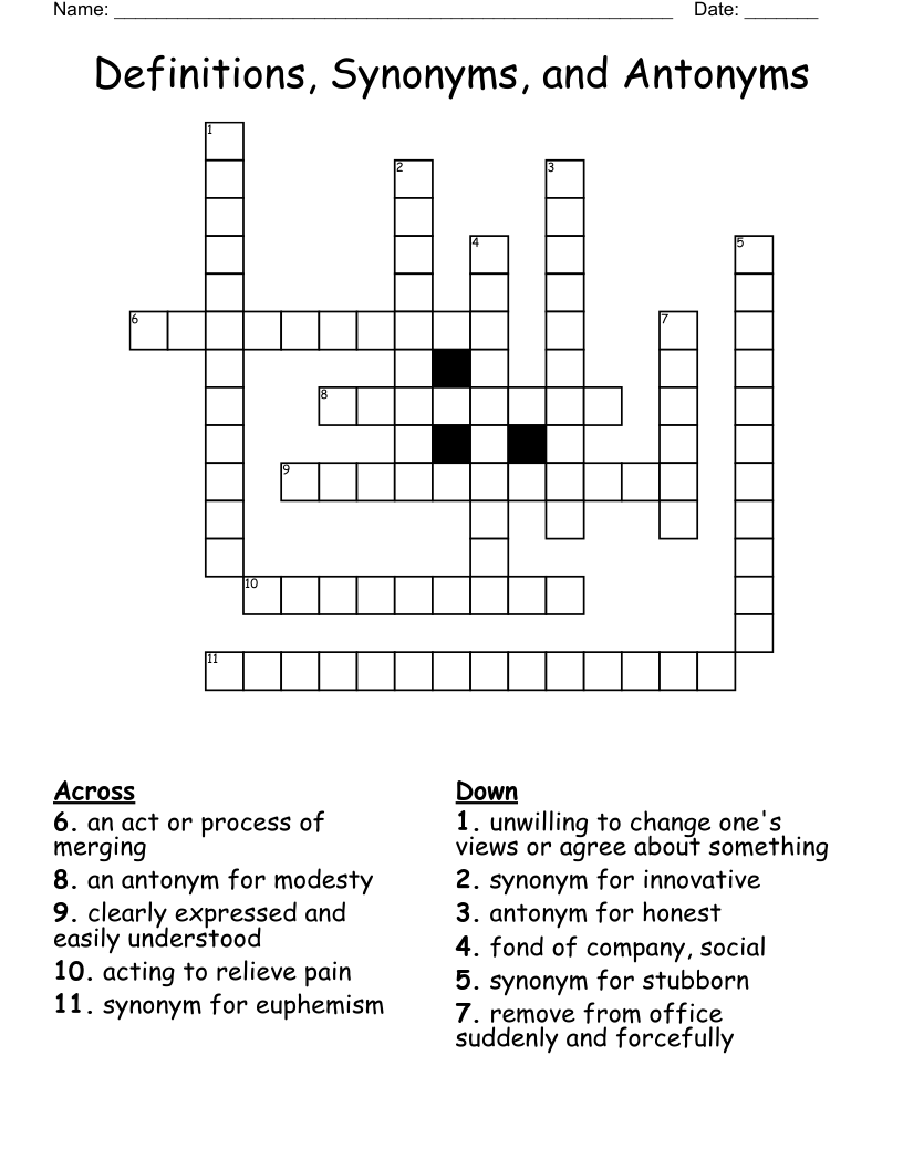 Definitions, Synonyms, and Antonyms Crossword