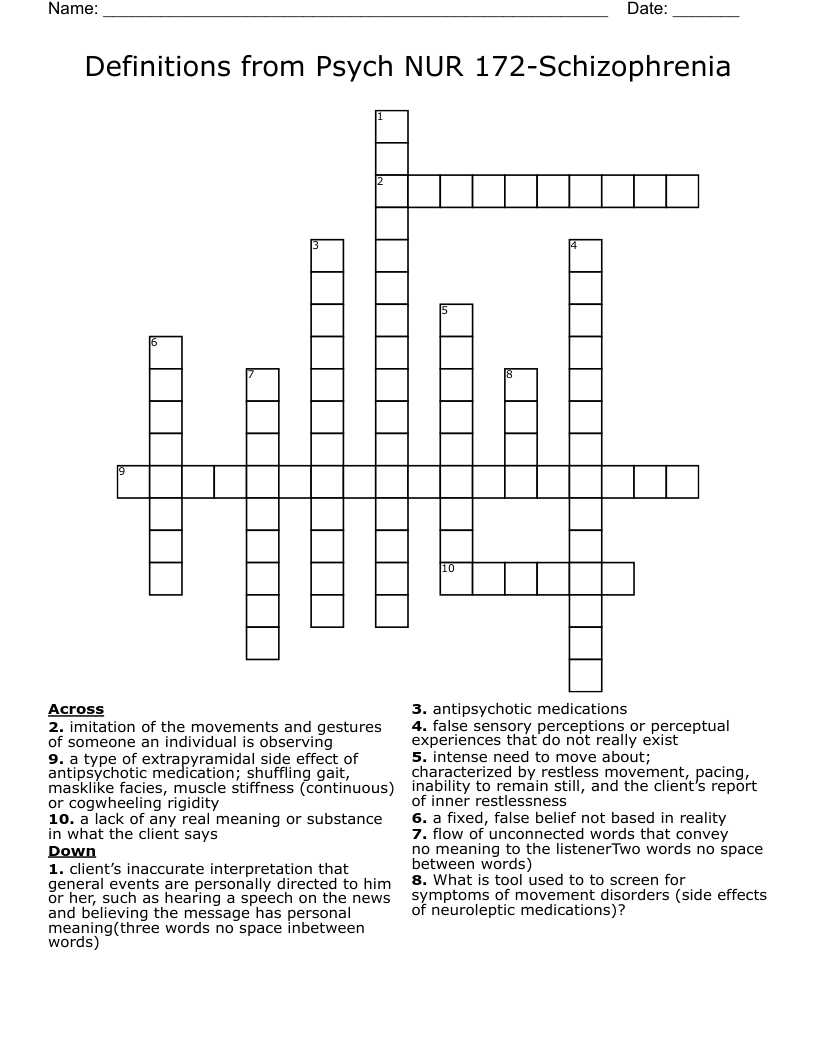 Definitions from Psych NUR 172-Schizophrenia Crossword