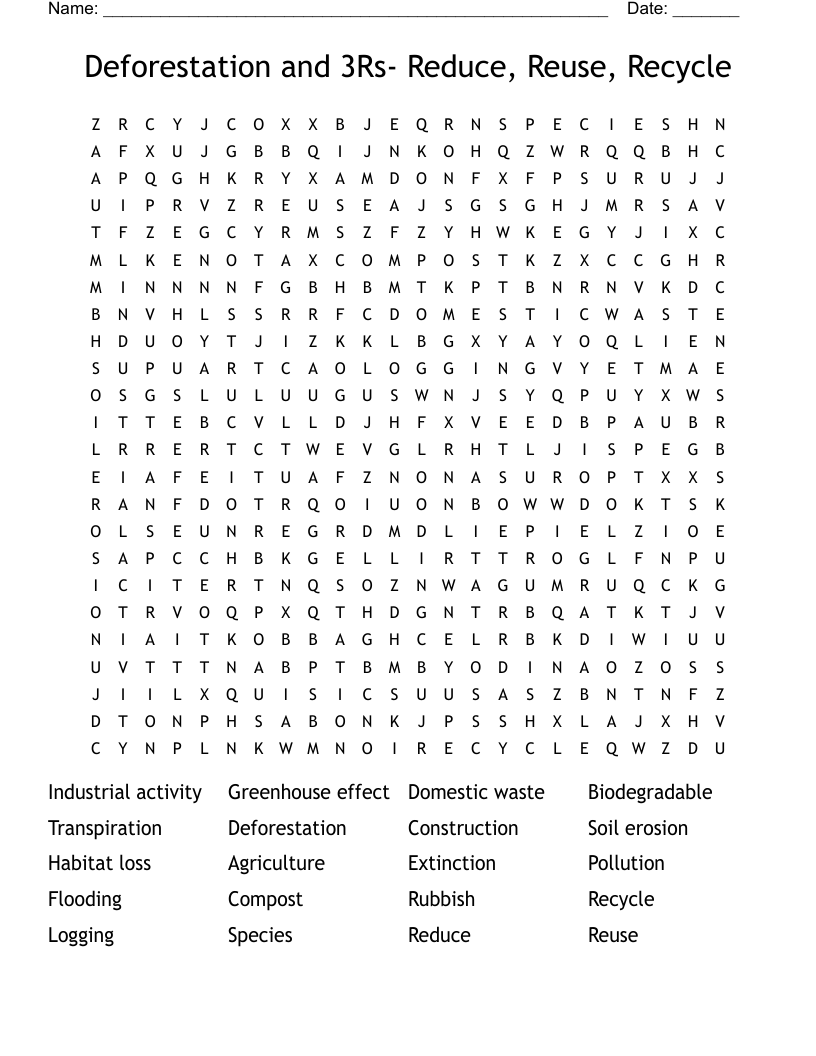 Deforestation and 3Rs- Reduce, Reuse, Recycle Word Search