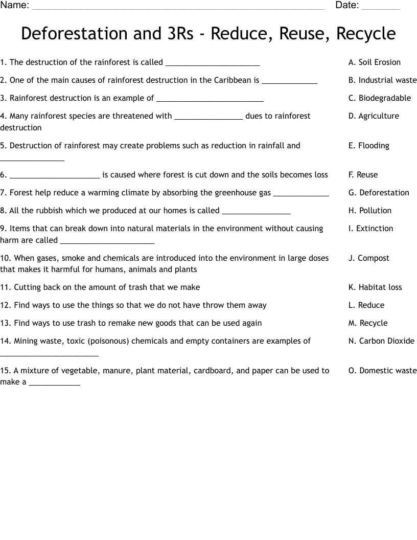 Deforestation and 3Rs - Reduce, Reuse, Recycle Worksheet
