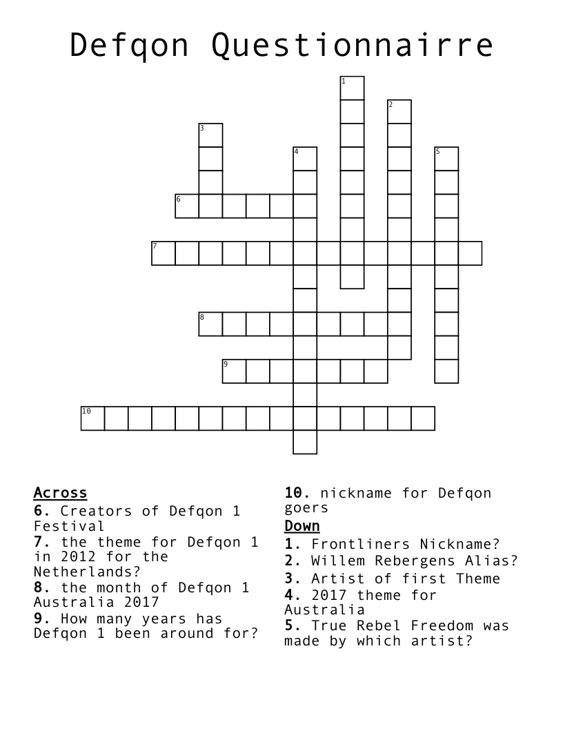 Defqon Questionnairre  Crossword