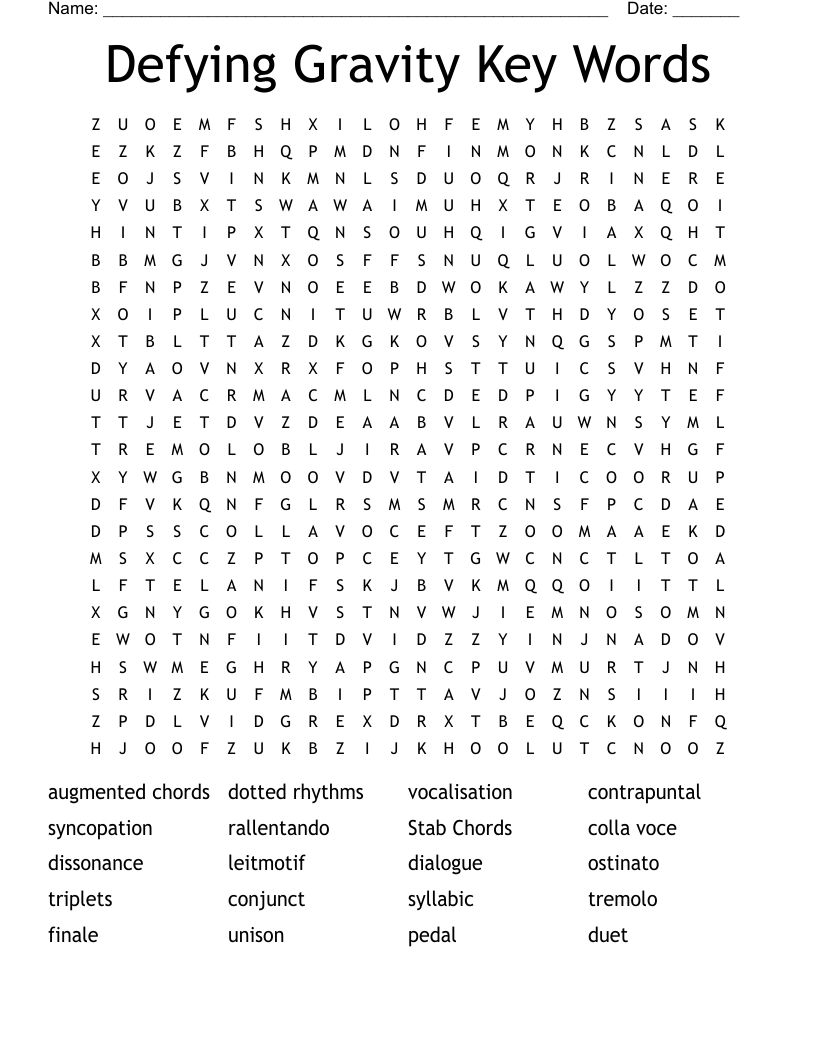 Defying Gravity Key Words Word Search