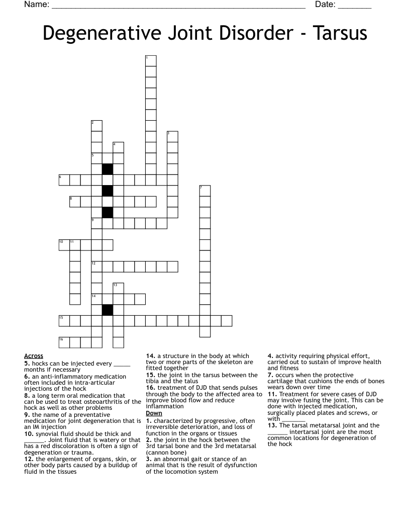 Degenerative Joint Disorder - Tarsus Crossword