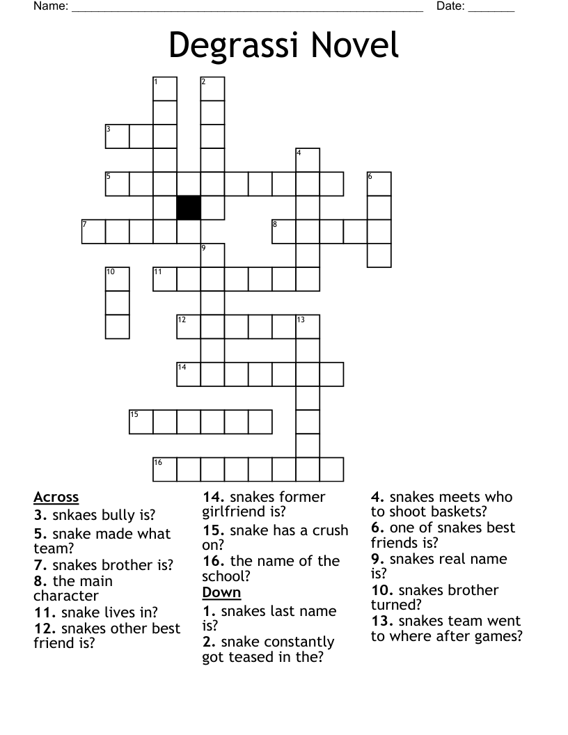 Degrassi Novel Crossword