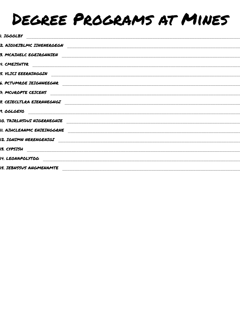 Degree Programs at Mines Word Scramble