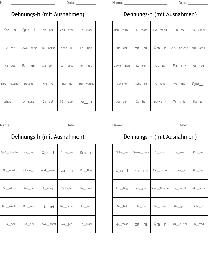 Dehnungs-h (mit Ausnahmen) Bingo Cards