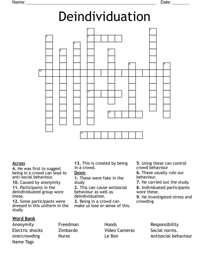 Deindividuation  Crossword