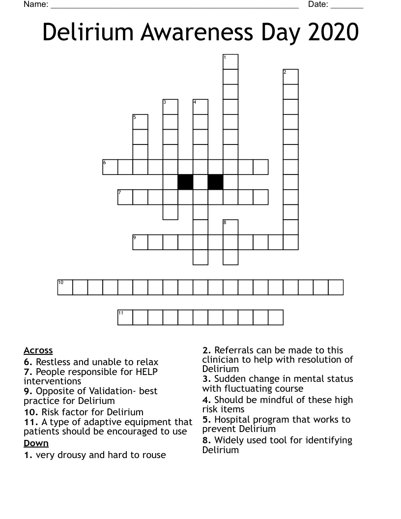 Delirium Awareness Day 2020 Crossword