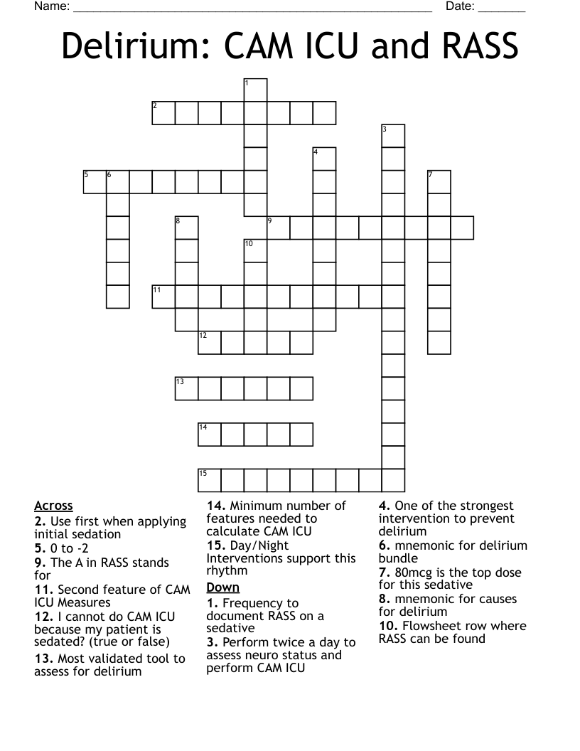 Delirium: CAM ICU and RASS Crossword