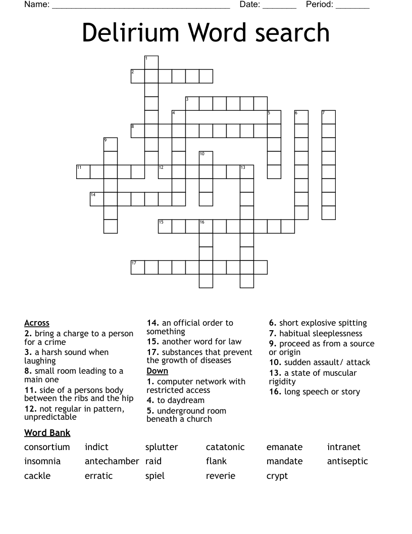 Delirium Word search  Crossword