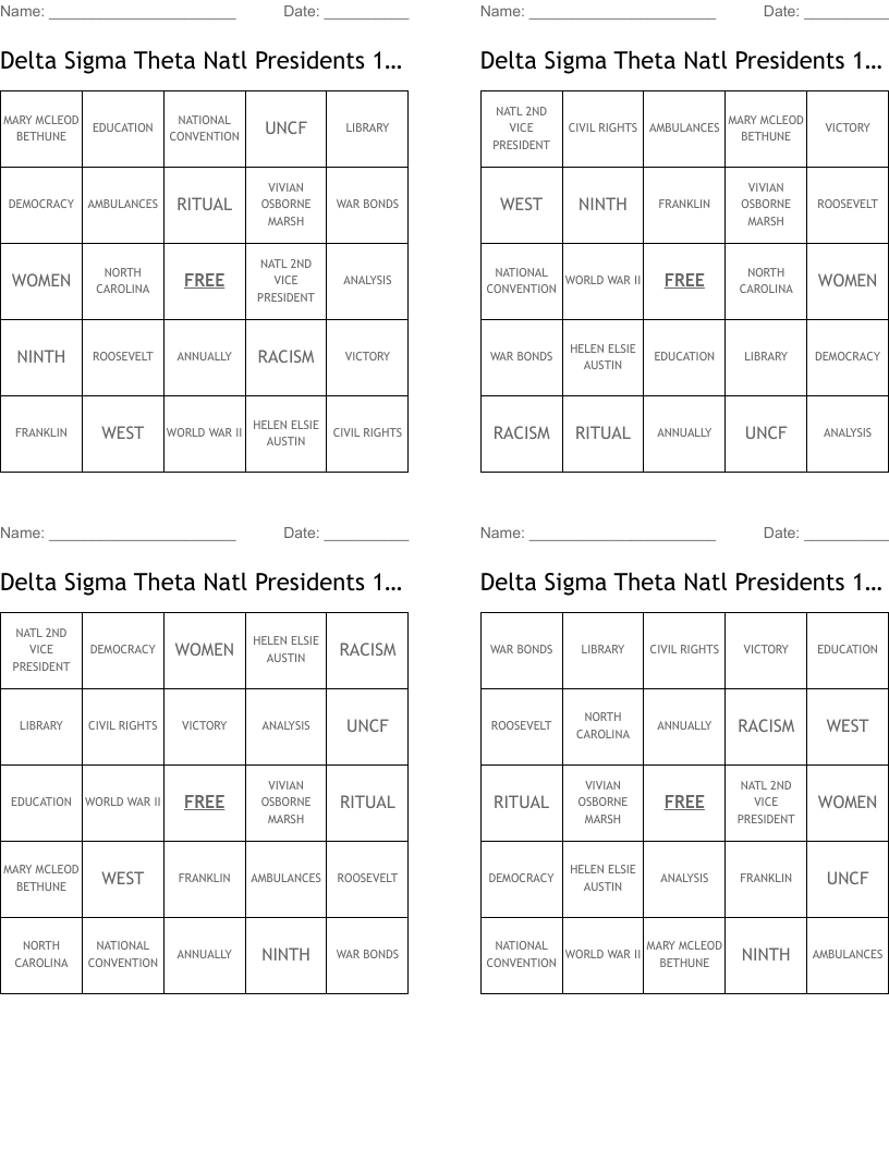 Delta Sigma Theta Natl Presidents 1935 - 1947 Bingo Cards