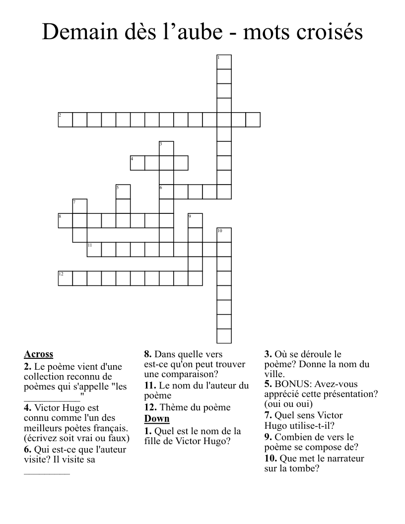 Demain dès l’aube - mots croisés Crossword