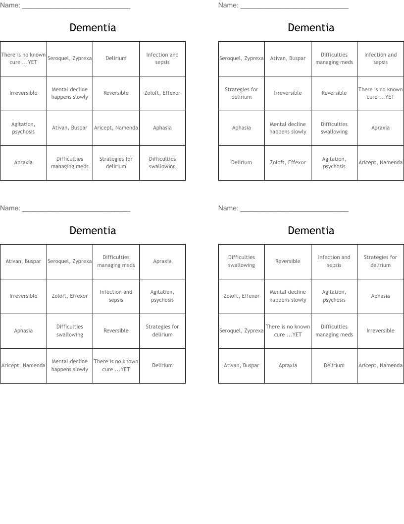 Dementia Bingo Cards