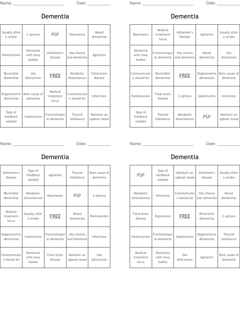 Dementia Bingo Cards