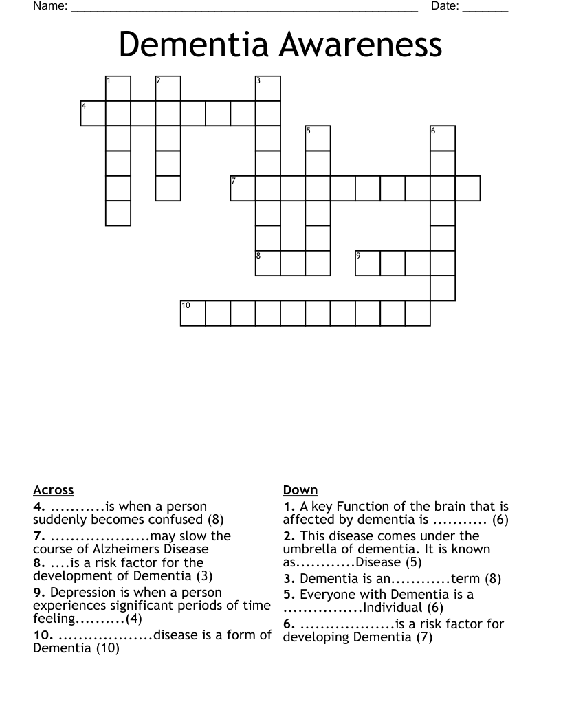 Dementia Awareness Crossword