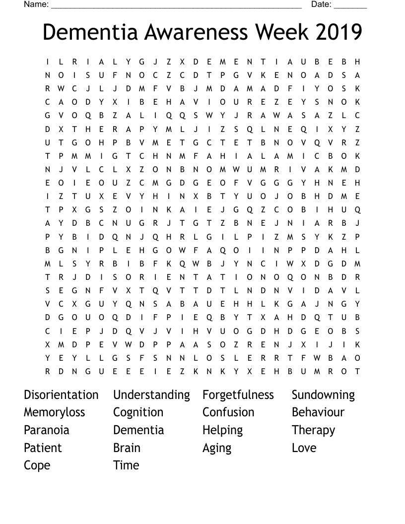 Dementia Awareness Week 2019 Word Search
