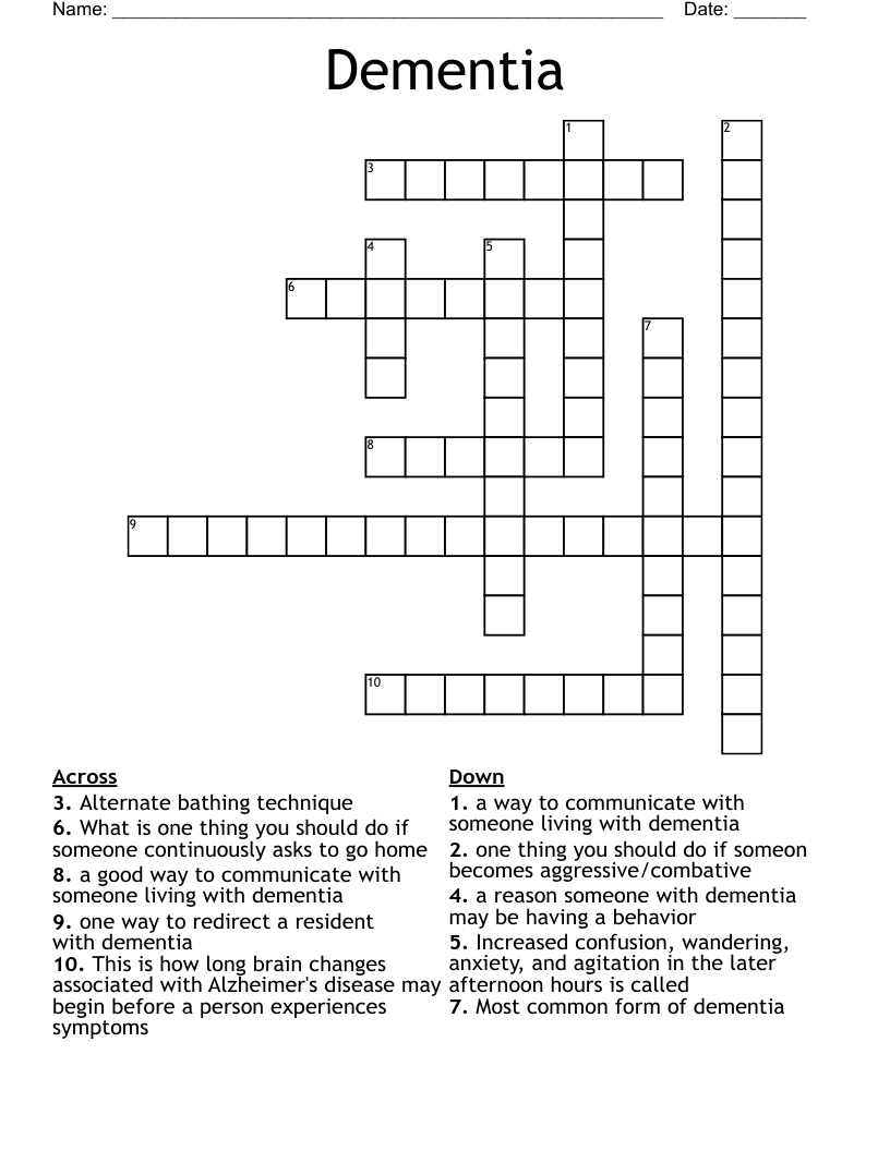 Dementia  Crossword
