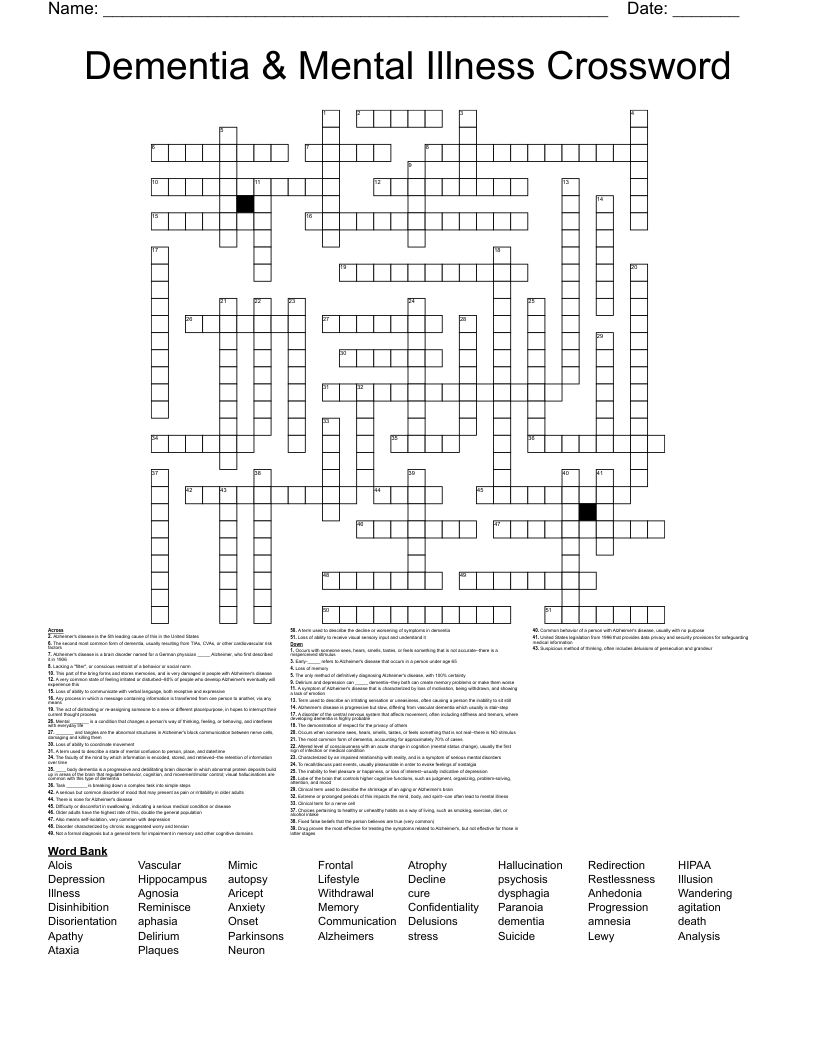 Dementia & Mental Illness Crossword