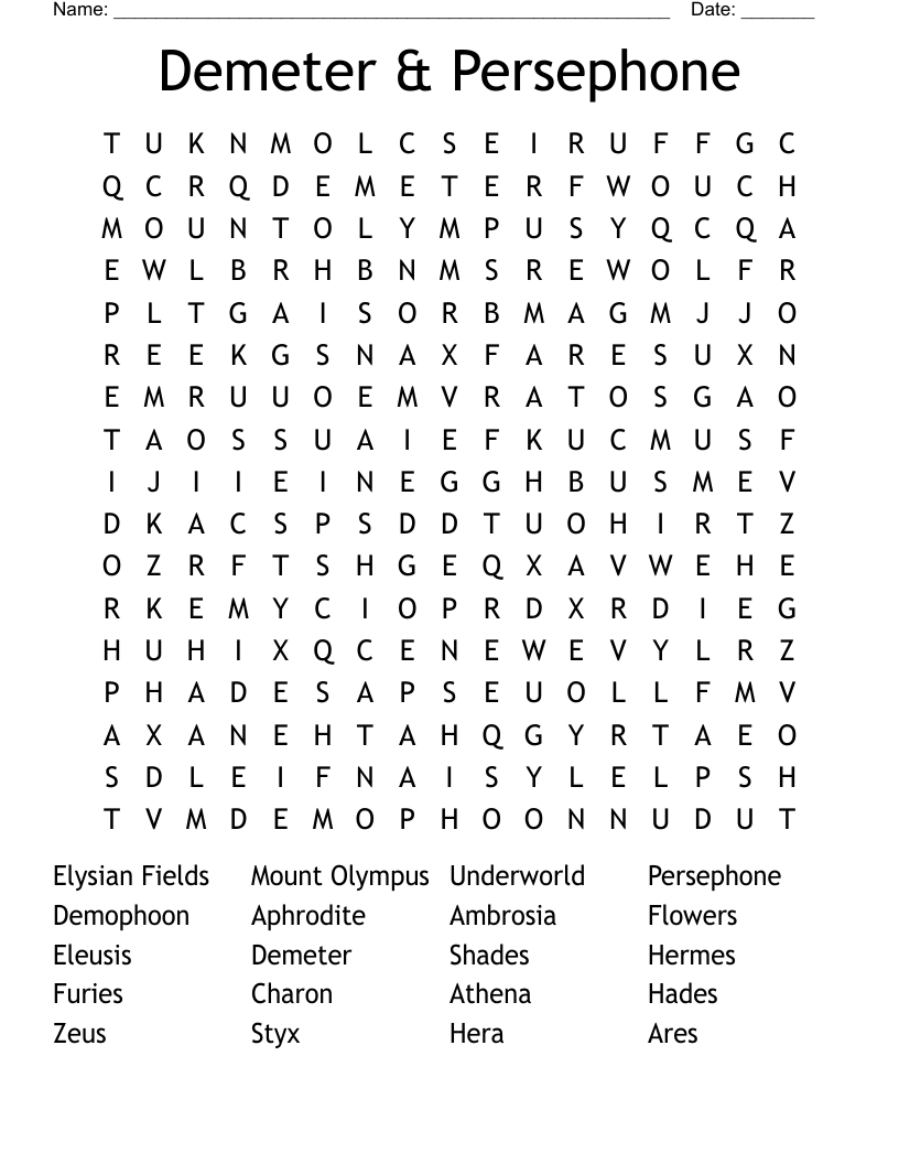 Demeter & Persephone Word Search