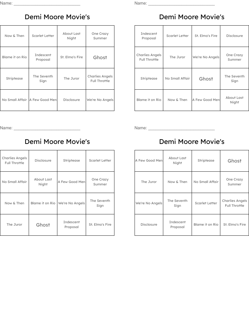 Demi Moore Movie's Bingo Cards