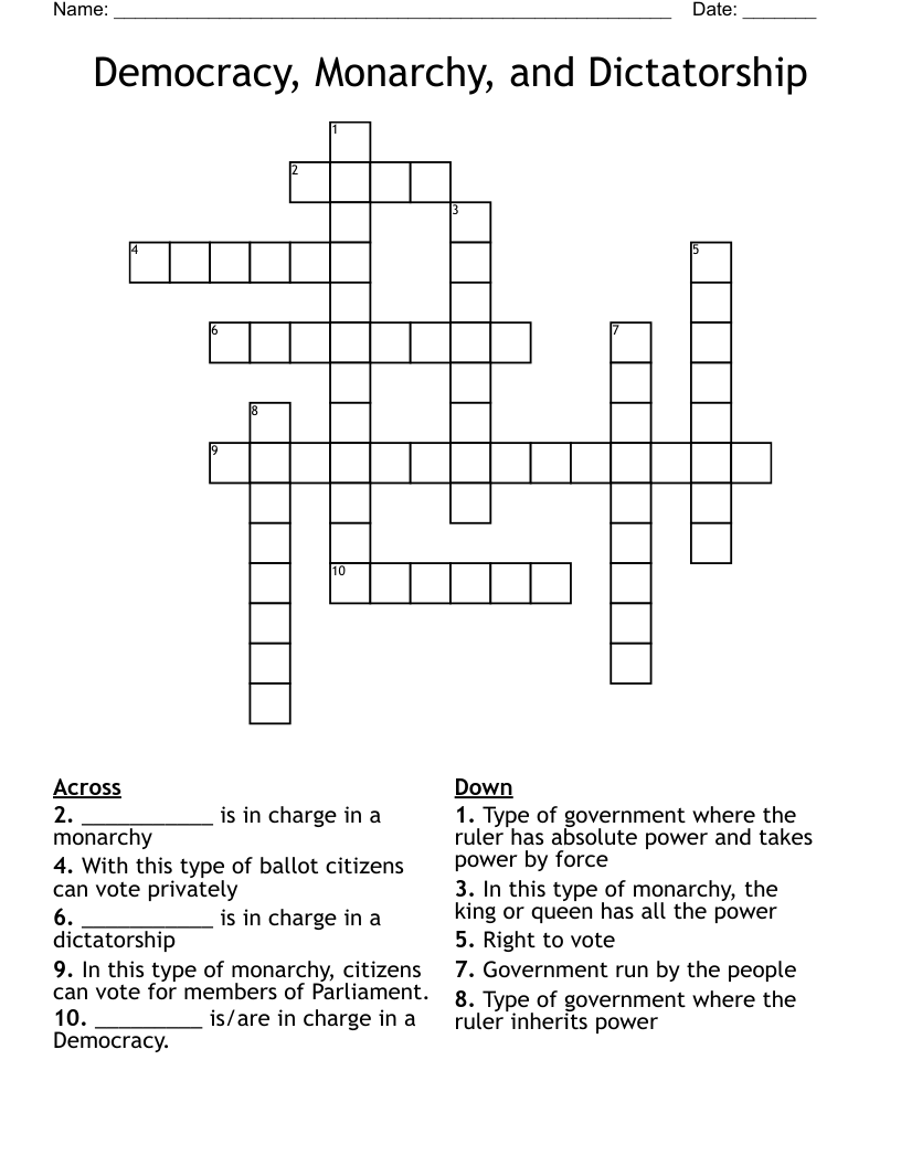 Democracy, Monarchy, and Dictatorship Crossword