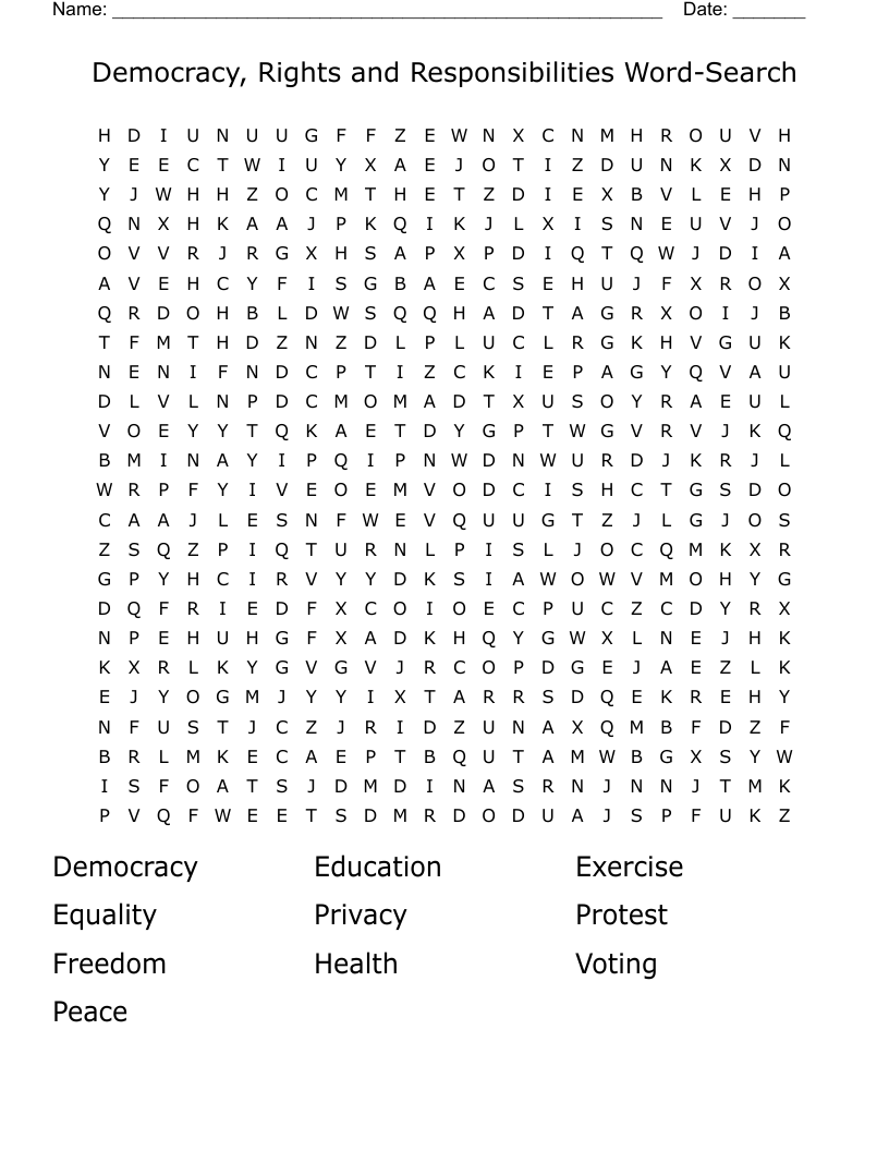 Democracy, Rights and Responsibilities Word-Search Word Search