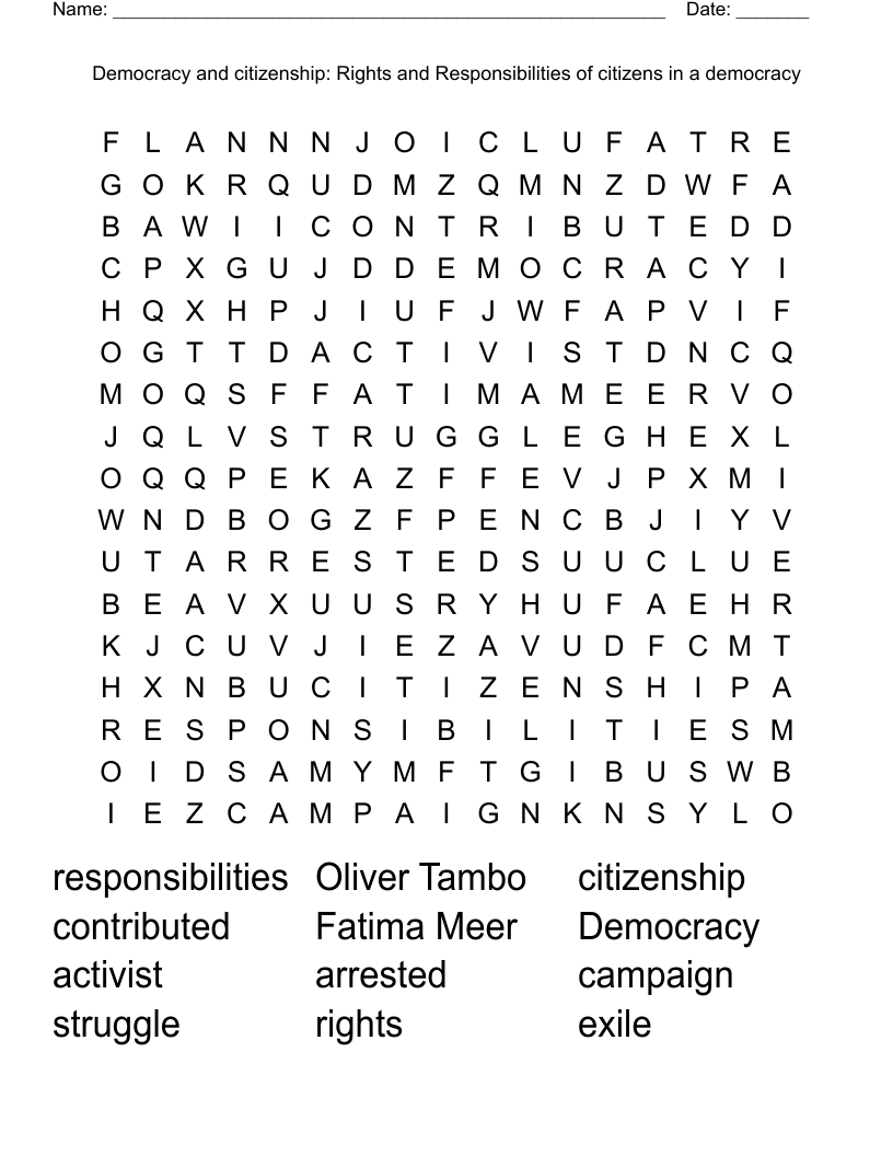 Democracy and citizenship: Rights and Responsibilities of citizens in a democracy Word Search