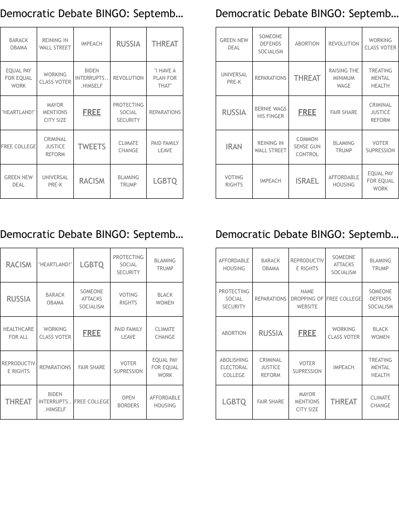 Democratic Debate BINGO: September 13, 2019