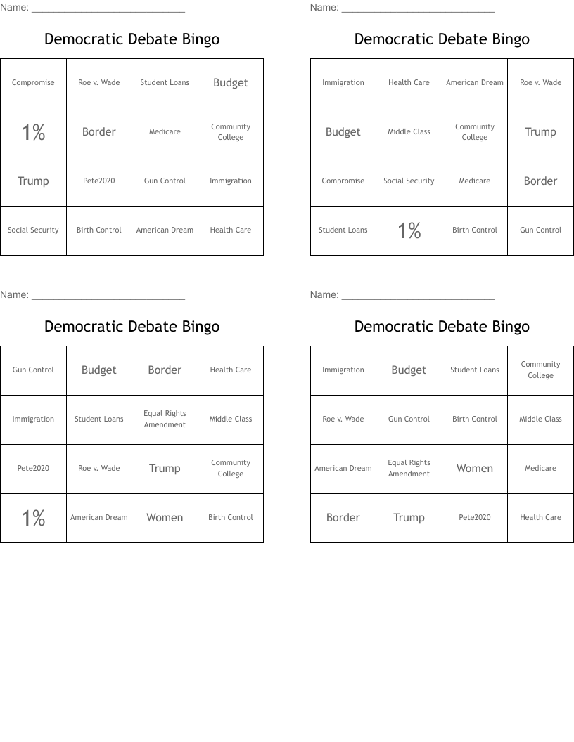 Democratic Debate Bingo